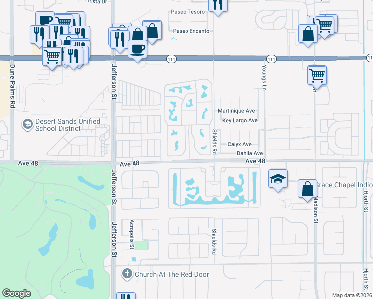 map of restaurants, bars, coffee shops, grocery stores, and more near 80394 Avenue 48 in Indio