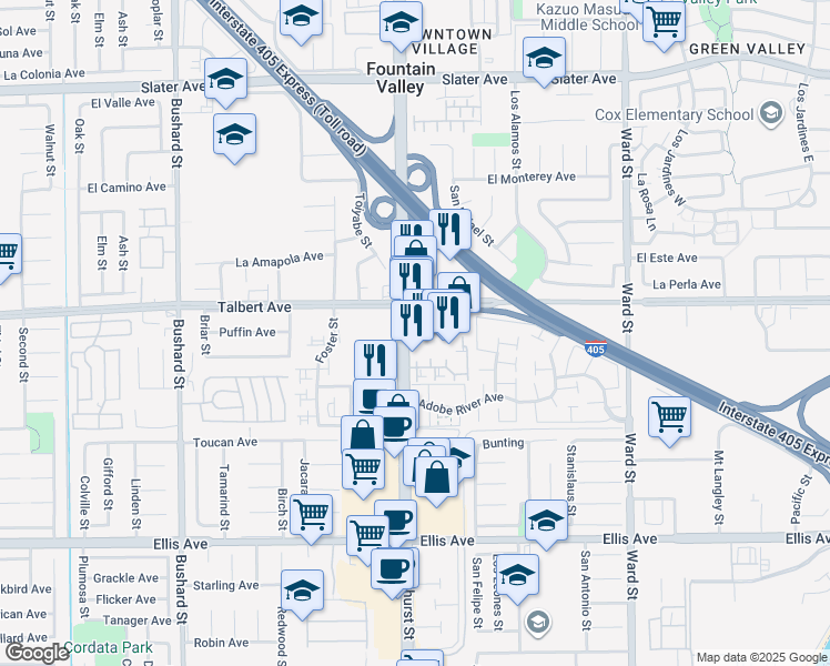 map of restaurants, bars, coffee shops, grocery stores, and more near 18052 Brookhurst Street in Fountain Valley