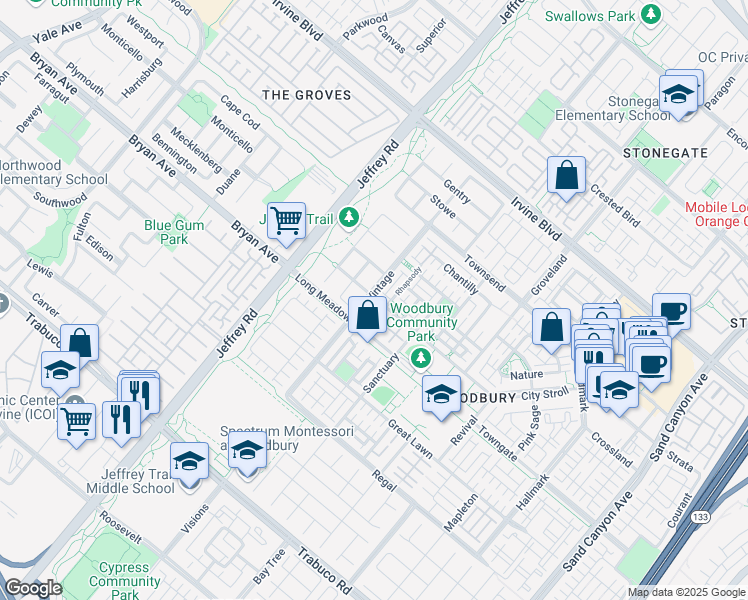map of restaurants, bars, coffee shops, grocery stores, and more near 132 Vintage in Irvine