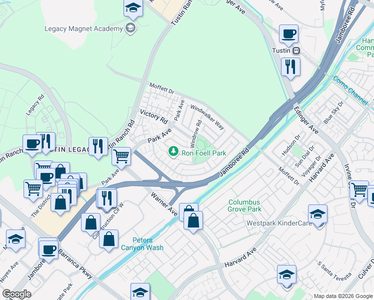map of restaurants, bars, coffee shops, grocery stores, and more near 37 Preston Place in Tustin