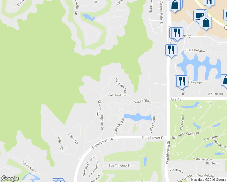 map of restaurants, bars, coffee shops, grocery stores, and more near 47858 White Fox Court in La Quinta