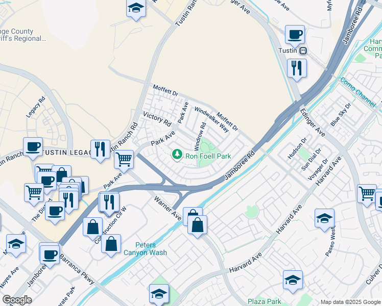 map of restaurants, bars, coffee shops, grocery stores, and more near 37 Preston Place in Tustin
