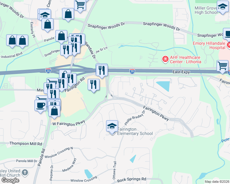 map of restaurants, bars, coffee shops, grocery stores, and more near 181 Rue Fontaine in Stonecrest