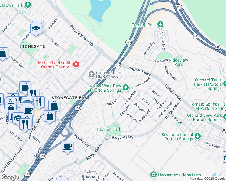 map of restaurants, bars, coffee shops, grocery stores, and more near 103 Sabiosa in Irvine
