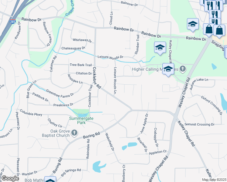 map of restaurants, bars, coffee shops, grocery stores, and more near 2897 Leisure Woods Lane in Decatur