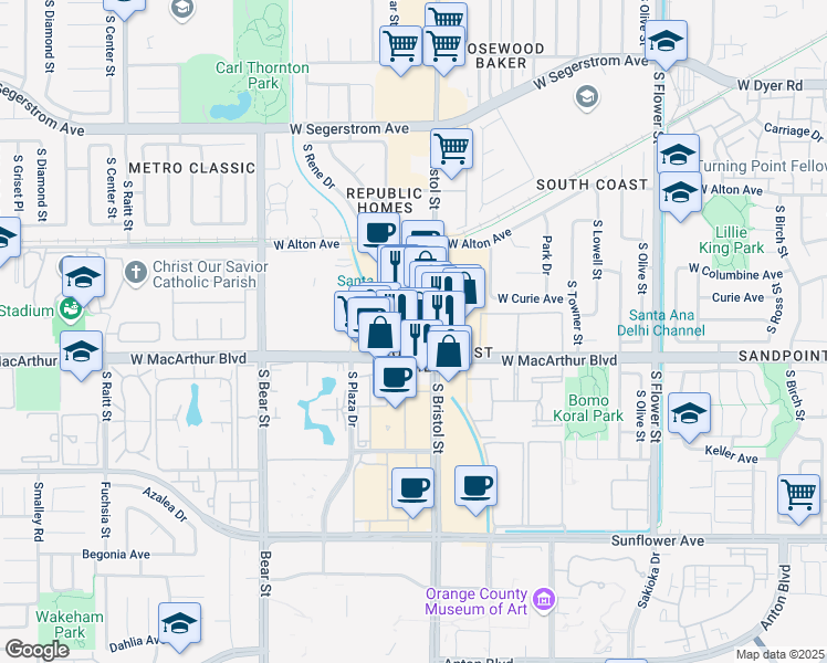 map of restaurants, bars, coffee shops, grocery stores, and more near 3430 South Bristol Street in Santa Ana
