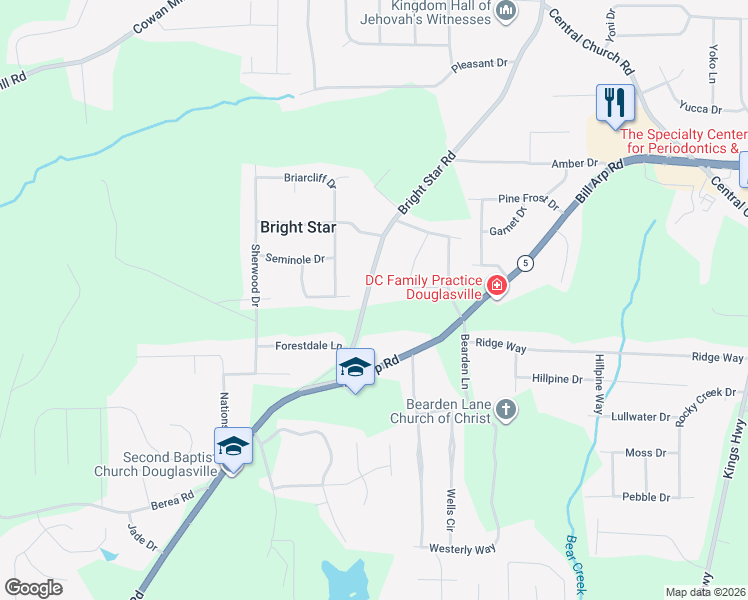 map of restaurants, bars, coffee shops, grocery stores, and more near 3862 Bright Star Road in Douglasville