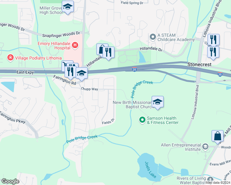 map of restaurants, bars, coffee shops, grocery stores, and more near 3121 Fields Drive in Lithonia