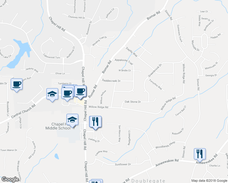 map of restaurants, bars, coffee shops, grocery stores, and more near 3842 Willow Ridge Court in Douglasville