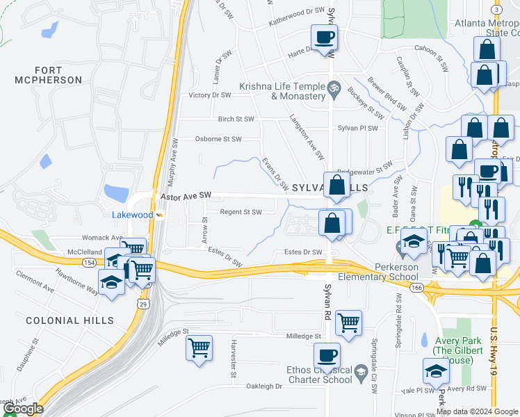 map of restaurants, bars, coffee shops, grocery stores, and more near 1039 Regent Street Southwest in Atlanta