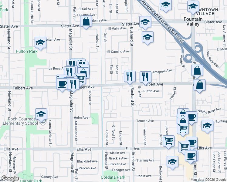 map of restaurants, bars, coffee shops, grocery stores, and more near 203 Parrot Lane in Fountain Valley