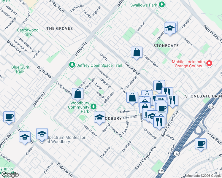 map of restaurants, bars, coffee shops, grocery stores, and more near 204 Guinevere in Irvine