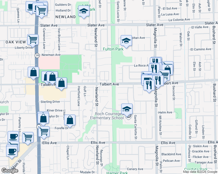 map of restaurants, bars, coffee shops, grocery stores, and more near 8611 Shadow Lane in Fountain Valley