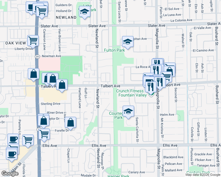 map of restaurants, bars, coffee shops, grocery stores, and more near in Fountain Valley