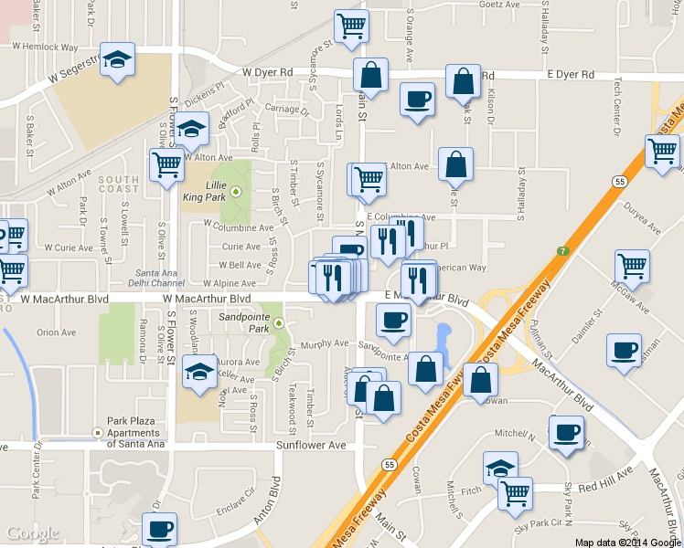 map of restaurants, bars, coffee shops, grocery stores, and more near 3400 South Main Street in Santa Ana