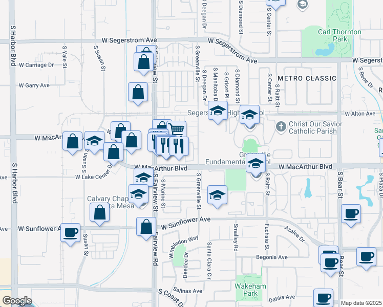 map of restaurants, bars, coffee shops, grocery stores, and more near 3500 South Greenville Street in Santa Ana