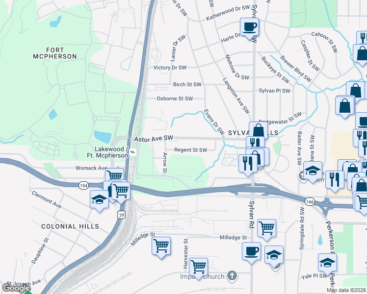 map of restaurants, bars, coffee shops, grocery stores, and more near 1095 Regent Street Southwest in Atlanta
