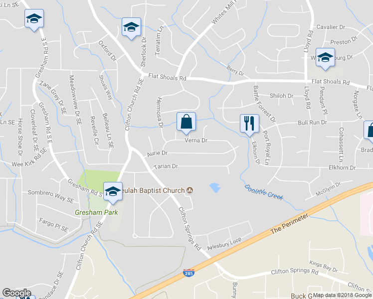 map of restaurants, bars, coffee shops, grocery stores, and more near 2302 Aurie Drive in Decatur
