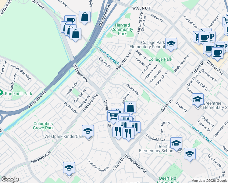 map of restaurants, bars, coffee shops, grocery stores, and more near 380 Deerfield Avenue in Irvine