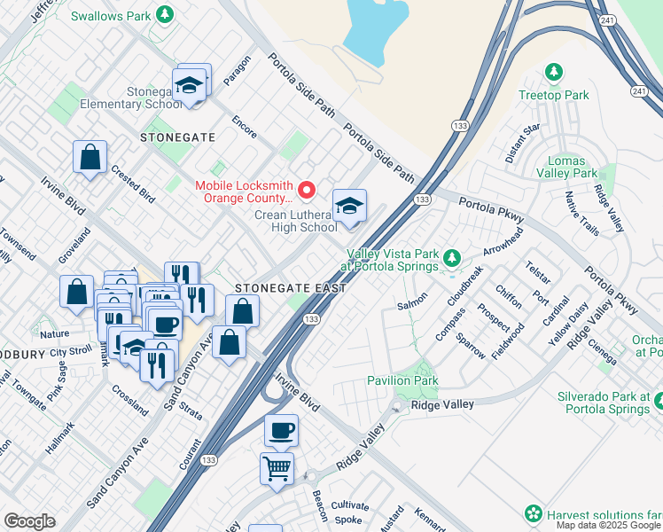 map of restaurants, bars, coffee shops, grocery stores, and more near 146 Coralwood in Irvine