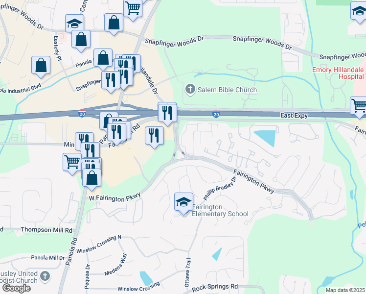 map of restaurants, bars, coffee shops, grocery stores, and more near 172 Rue Fontaine in Stonecrest