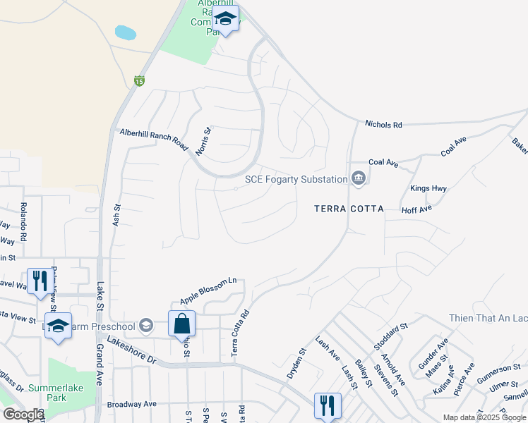 map of restaurants, bars, coffee shops, grocery stores, and more near 4107 Madonna Circle in Lake Elsinore