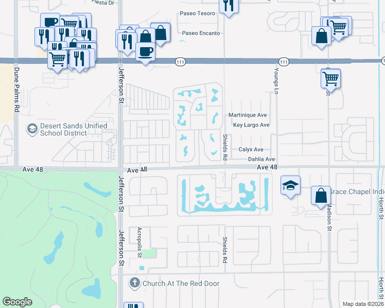 map of restaurants, bars, coffee shops, grocery stores, and more near 80394 Avenue 48 in Indio