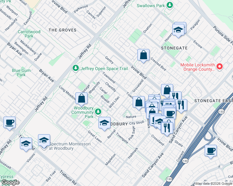map of restaurants, bars, coffee shops, grocery stores, and more near 204 Guinevere in Irvine