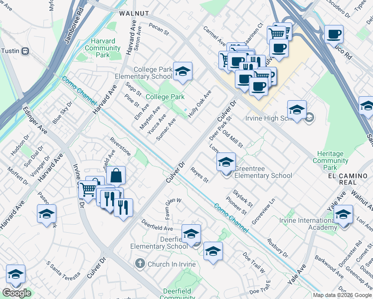 map of restaurants, bars, coffee shops, grocery stores, and more near 3961 Banyan Street in Irvine