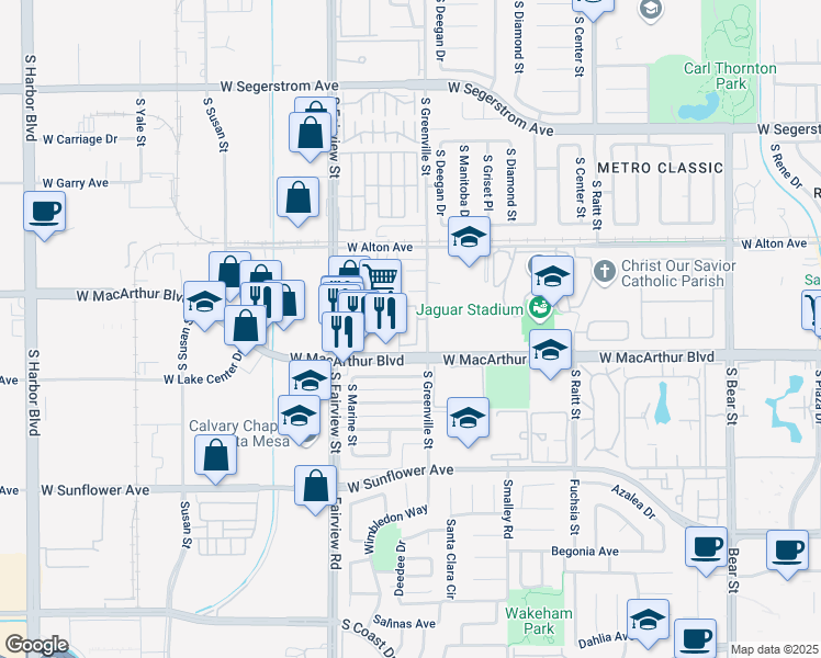 map of restaurants, bars, coffee shops, grocery stores, and more near 3500 South Greenville Street in Santa Ana
