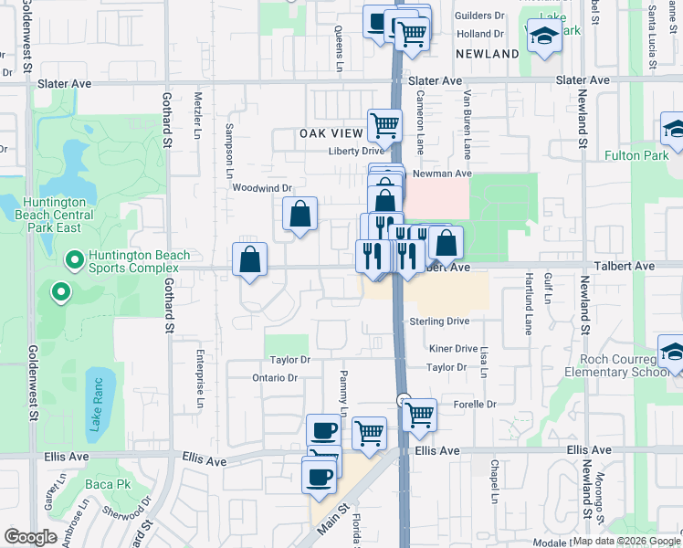map of restaurants, bars, coffee shops, grocery stores, and more near 18051 Joyful Lane in Huntington Beach