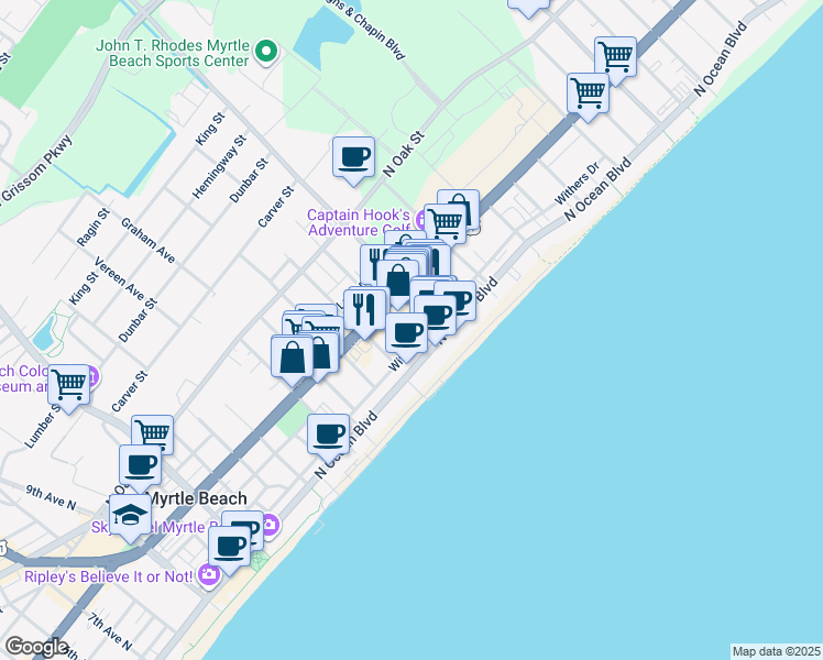 map of restaurants, bars, coffee shops, grocery stores, and more near 1909 North Ocean Boulevard in Myrtle Beach