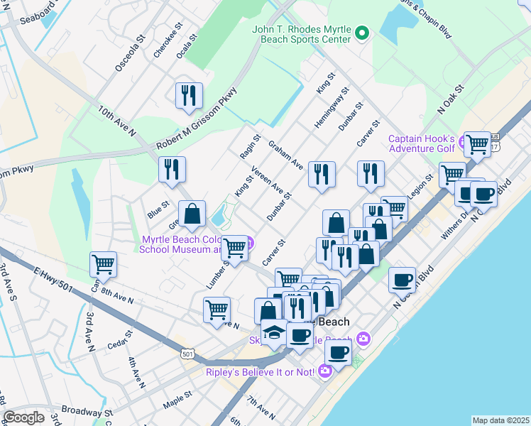 map of restaurants, bars, coffee shops, grocery stores, and more near 1102 Spivey Avenue in Myrtle Beach