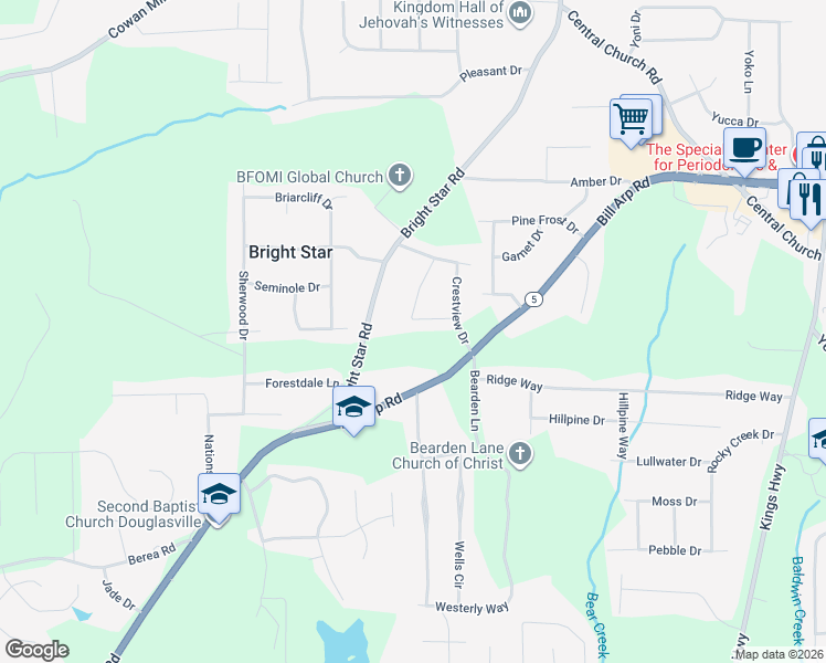 map of restaurants, bars, coffee shops, grocery stores, and more near 7 Roper Drive in Douglasville