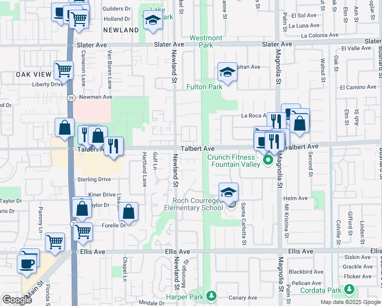 map of restaurants, bars, coffee shops, grocery stores, and more near in Fountain Valley