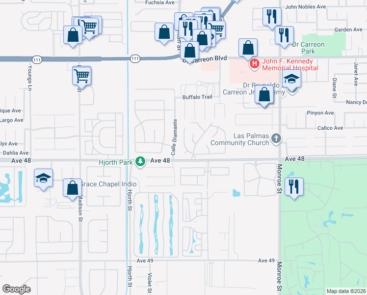map of restaurants, bars, coffee shops, grocery stores, and more near 47857 Prado Way in Indio
