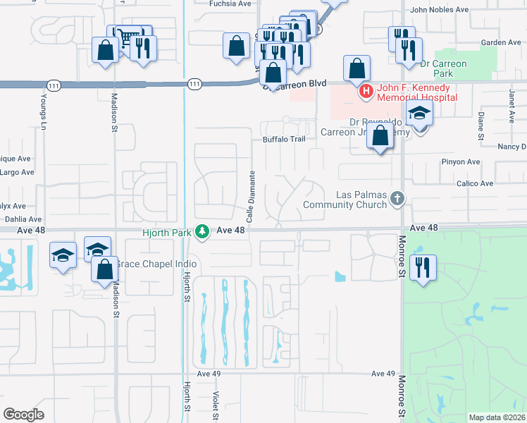 map of restaurants, bars, coffee shops, grocery stores, and more near 47857 Prado Way in Indio