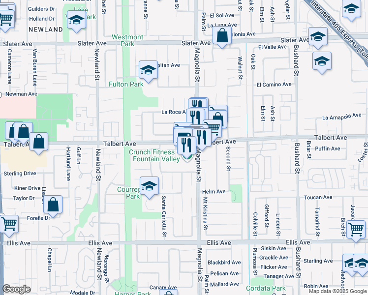 map of restaurants, bars, coffee shops, grocery stores, and more near 18027 Magnolia Street in Fountain Valley