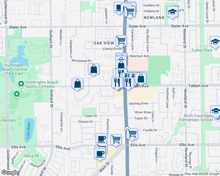 map of restaurants, bars, coffee shops, grocery stores, and more near 7831 Daisy Circle in Huntington Beach