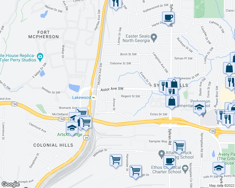 map of restaurants, bars, coffee shops, grocery stores, and more near 1127 Regent Street Southwest in Atlanta