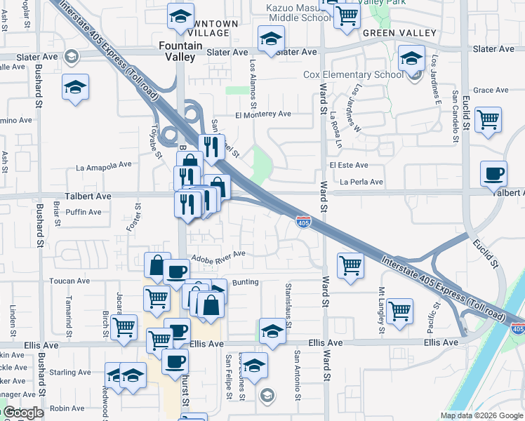map of restaurants, bars, coffee shops, grocery stores, and more near 10270 Durango River Court in Fountain Valley