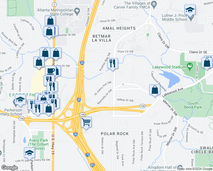 map of restaurants, bars, coffee shops, grocery stores, and more near 338 Saint Johns Avenue Southwest in Atlanta