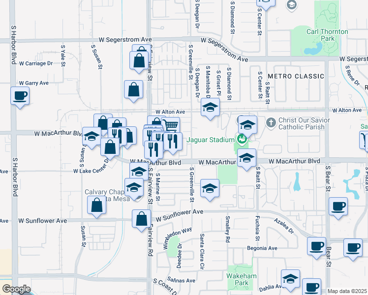 map of restaurants, bars, coffee shops, grocery stores, and more near 3500 South Greenville Street in Santa Ana