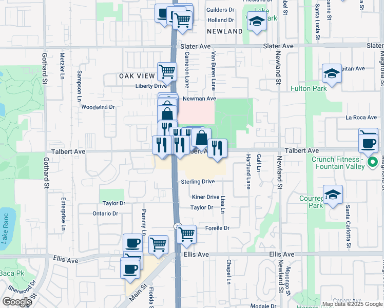 map of restaurants, bars, coffee shops, grocery stores, and more near 8112 Talbert Avenue in Huntington Beach
