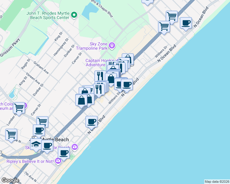 map of restaurants, bars, coffee shops, grocery stores, and more near 1909 North Ocean Boulevard in Myrtle Beach