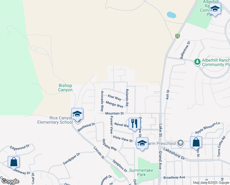 map of restaurants, bars, coffee shops, grocery stores, and more near 16510 Nectarine Way in Lake Elsinore