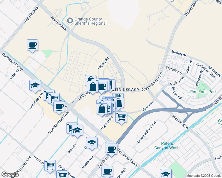 map of restaurants, bars, coffee shops, grocery stores, and more near Tustin Ranch in Irvine