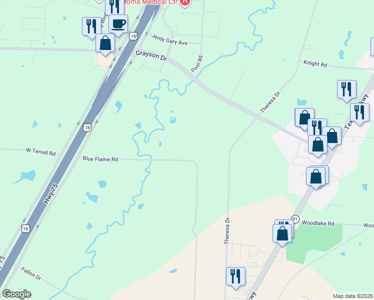 map of restaurants, bars, coffee shops, grocery stores, and more near 2935 Blue Flame Road in Denison