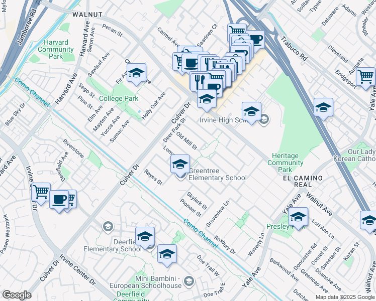 map of restaurants, bars, coffee shops, grocery stores, and more near 4181 Homestead Street in Irvine