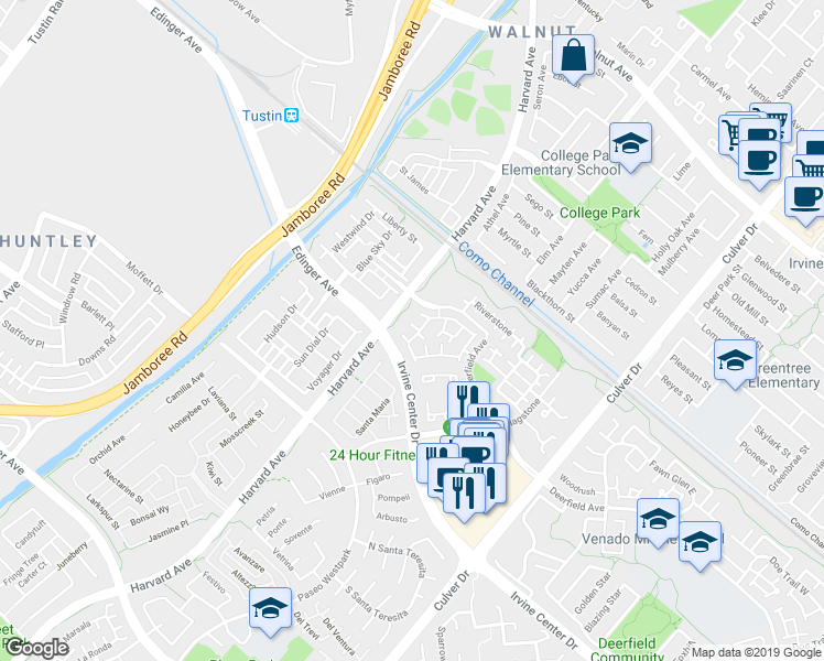 map of restaurants, bars, coffee shops, grocery stores, and more near 387 Deerfield Avenue in Irvine